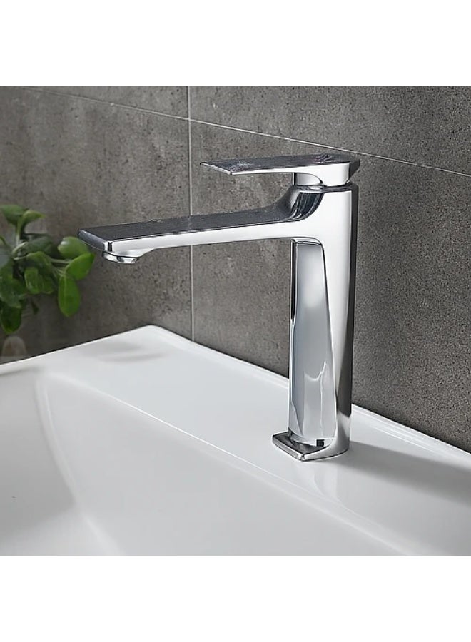 Tall square chrome sink mixer with patterned handle and hoses - Image 1